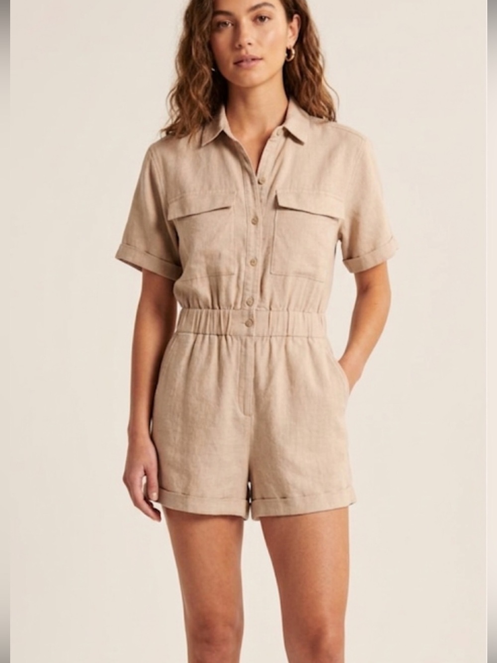Abercrombie & Fitch Light Beige Linen Blend Short Sleeve Romper